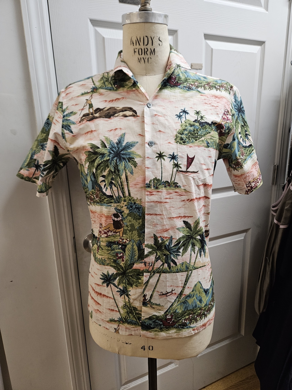 Tori Richard Cream Hawaiian Shirt with Blue and Green Palm Print